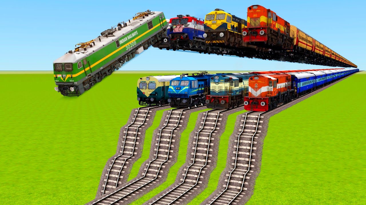EIGHT HIGH SPEED TRAINS VS CRAZY STAIR AND FLYING STAIR RAILROAD TRACKS|🔺 Train simulator|Railworks|