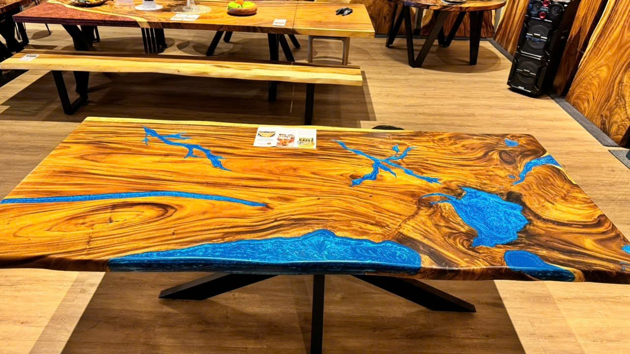 NTS001880 Solid Wooden Table with Elegant Blue Epoxy D&eacute;cor | Natural Timber Stone