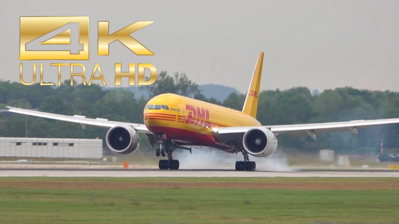 (4K) Boeing 777-F DHL AeroLogic D-AALP arrival at Munich Airport MUC EDDM