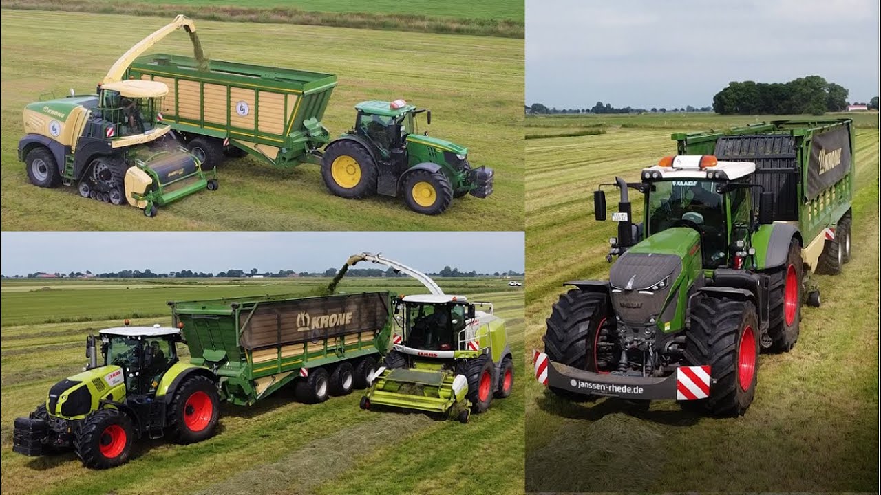 Grashäckseln 2021 Rheiderland mit 2 Feldhäckslern (Krone&Claas) und mehreren Krone Abfahrgespannen