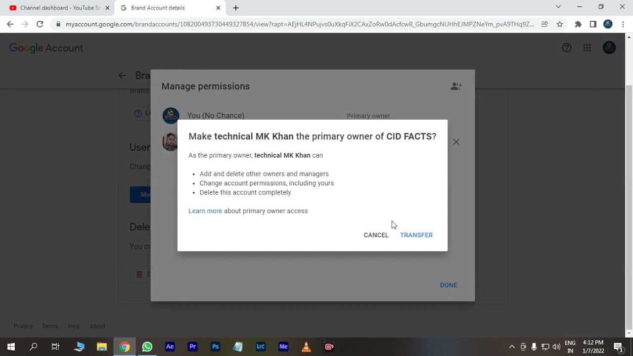 How to remove primary owner in youtube channel
