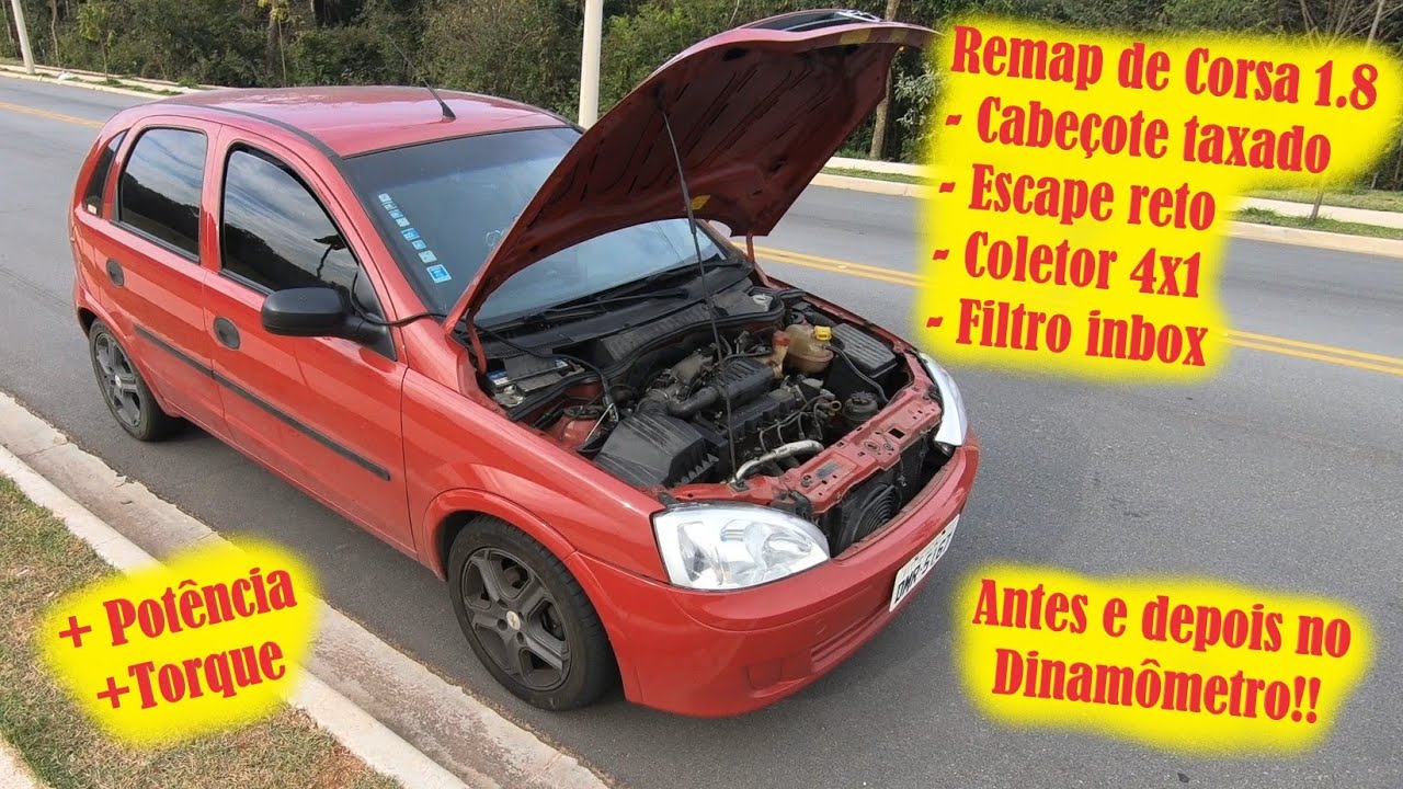 Remap no Corsa 1.8 preparado! Cabeçote, 4x1, Escapamento e filtro! Antes e depois no Dinamômetro!