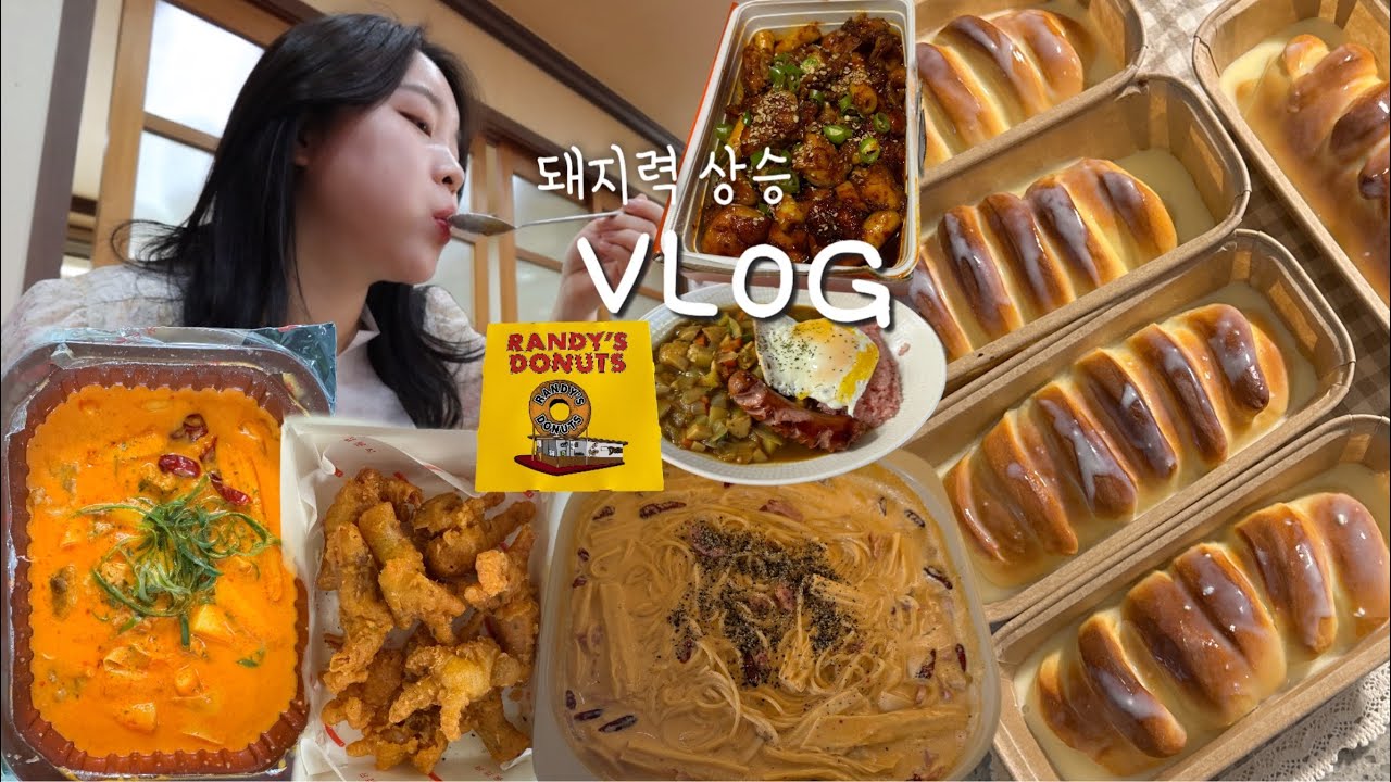 VLOG | 먹방 브이로그 | 돼지력이 상승이되..✨ ( 삼첩 마라로제떡볶이 , 무뼈닭발튀김, 랜디스도넛,지코바치킨, 카레, 부대찌개 , 마라까르보파스타, 홈베이킹 연유크림치즈빵)