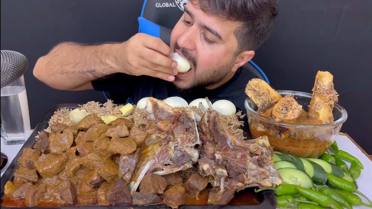 ASMR; Eating Spicy Mutton Live Curry+Raosted Mutton Chops+Eggs+Masala Rice || Mukbang