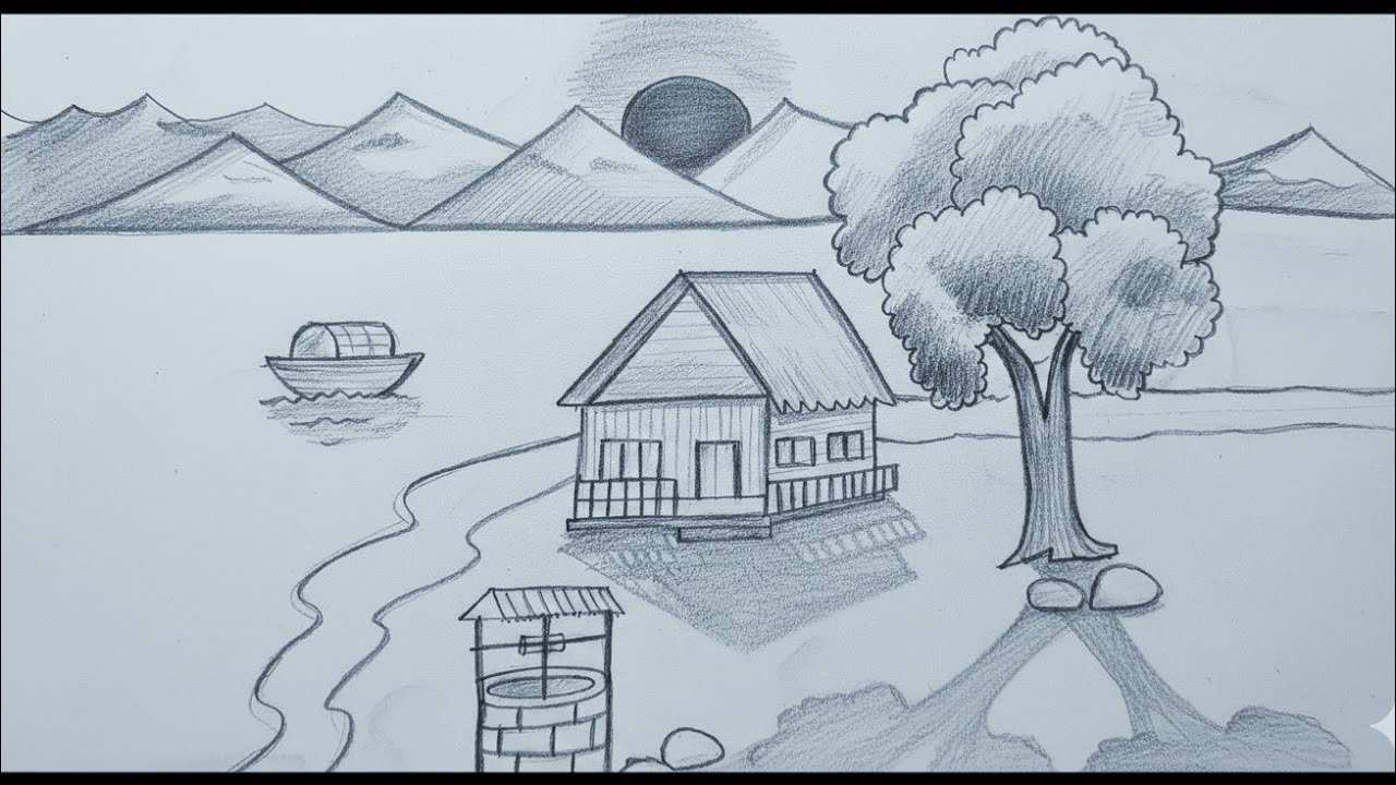 Easy Village Scenery Drawing for Beginners | Step by Step Landscape Art | গ্রামের দৃশ্য আঁকা