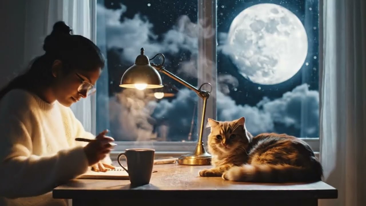 Late Night Homework with My Cat 🐾 1 Hour Relaxing Moon View