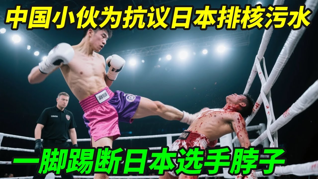 中国小伙为抗议日本排核污水，一脚踢断日本选手脖子，瞬间猝死ko！【小野格斗解说】