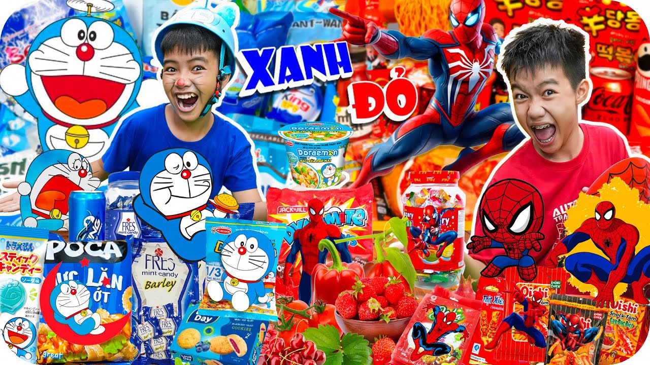 Đại Chiến Đồ Ăn Xanh Đỏ Theo Nh&acirc;n Vật Doraemon Vs Spider Man | Min Min TV Minh Khoa