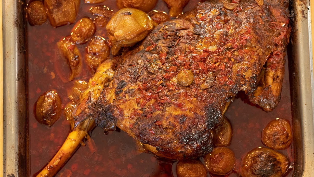 Roasted Leg of Lamb with Harissa & Shallots