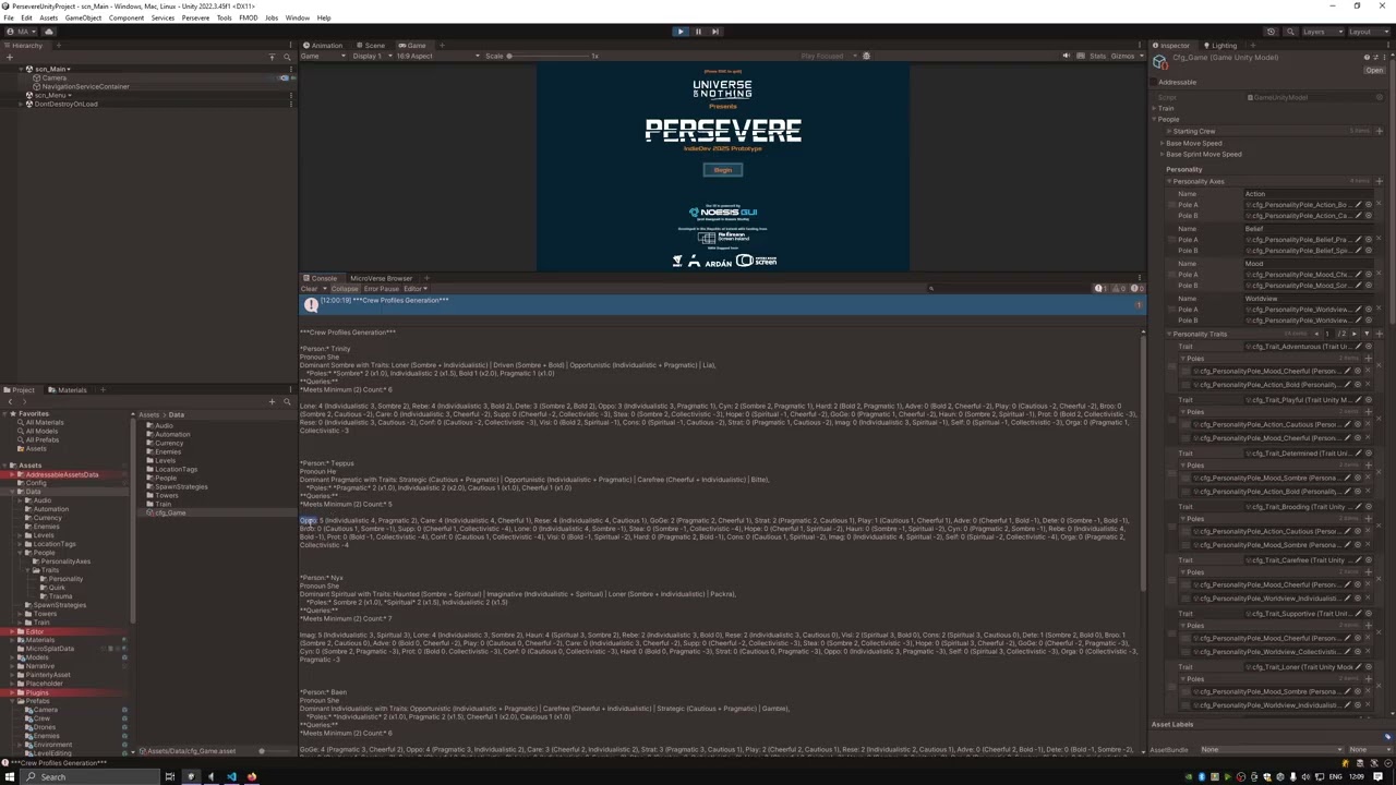 Persevere Dev Log - Trait/Personality System Introduction