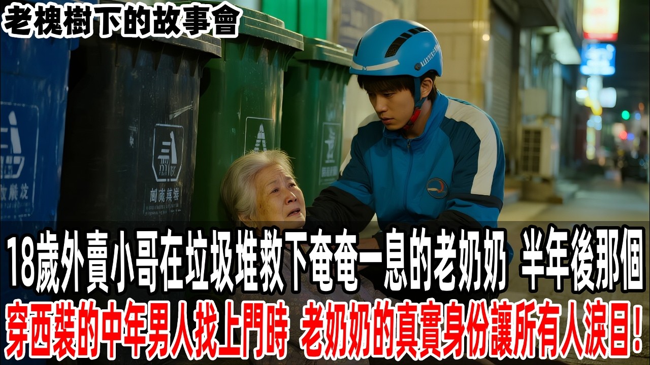18歲外賣小哥在垃圾堆救下奄奄一息的老奶奶，半年後那個穿西裝的中年男人找上門時，這個老奶奶的真實身份讓所有人淚目！【老槐樹下的故事會】#情感故事 #老年生活 #人生感悟#故事分享 #故事#原創#爽文