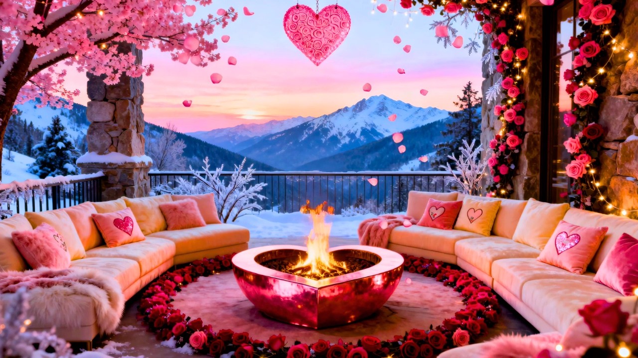 🌸 Cozy Pink Mountain Retreat 🏔️💕 Warm Fireplace & Romantic Jazz Ambience | 4K