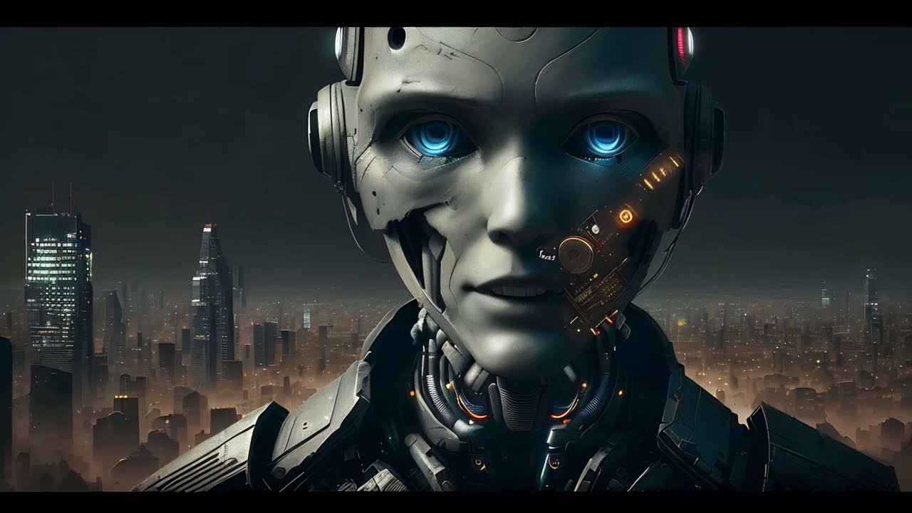 Free Stock Videos - AI animation - an AI that looks like a humanoid in chaotic dystopian cityscape