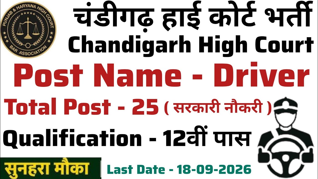 Chandigarh High Court Driver Recruitment 2026 | Total Posts - 25 | 12th Pass Apply Online