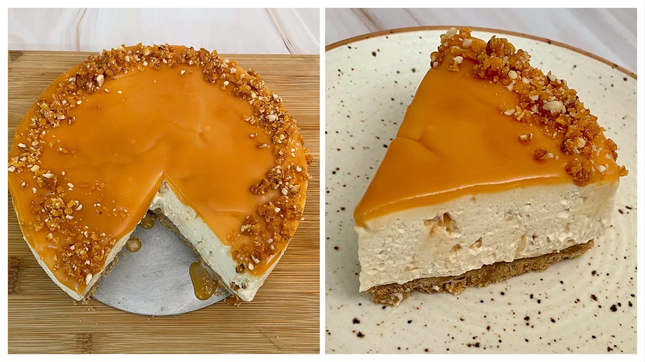 No Bake Butterscotch Caramel Cheesecake With Homemade Cream Cheese| No Gelatin,Oven,Eggs|Cheesecake
