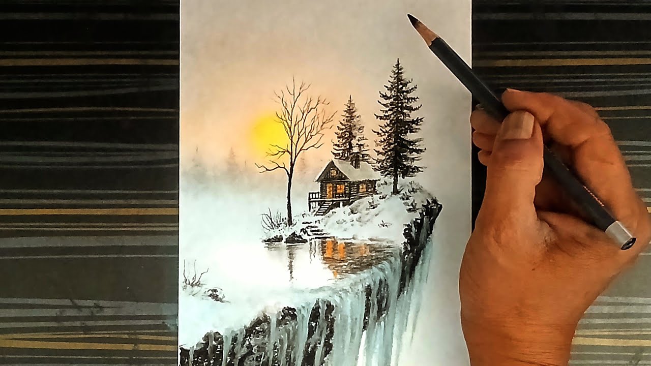 A winter snowy landscape scenery drawing of waterfall & cabin by soft pastels colour pencils.