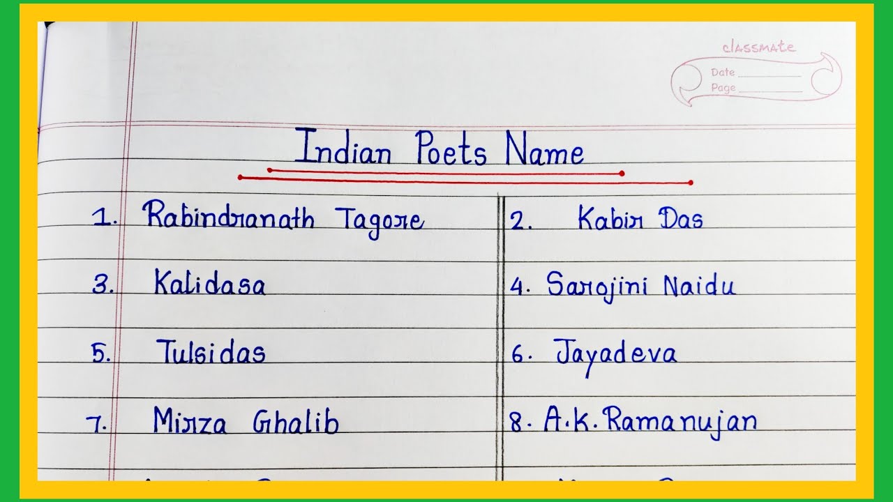 20 Indian Poets Name In English | Handwriting | Indian Poets Name