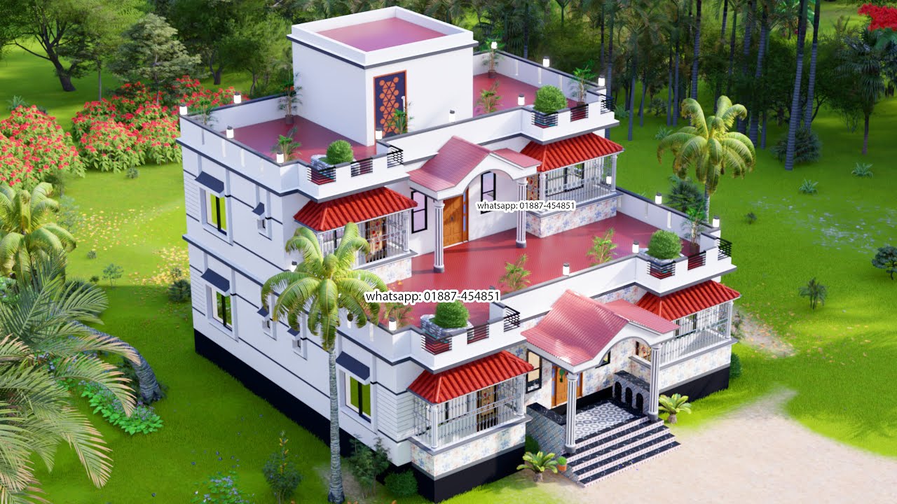 ৪ বেডরুমের বাড়ির ডিজাইন। 4 bedroom house design। দেড় তলা বাড়ির ডিজাইন। Bangladesh house design