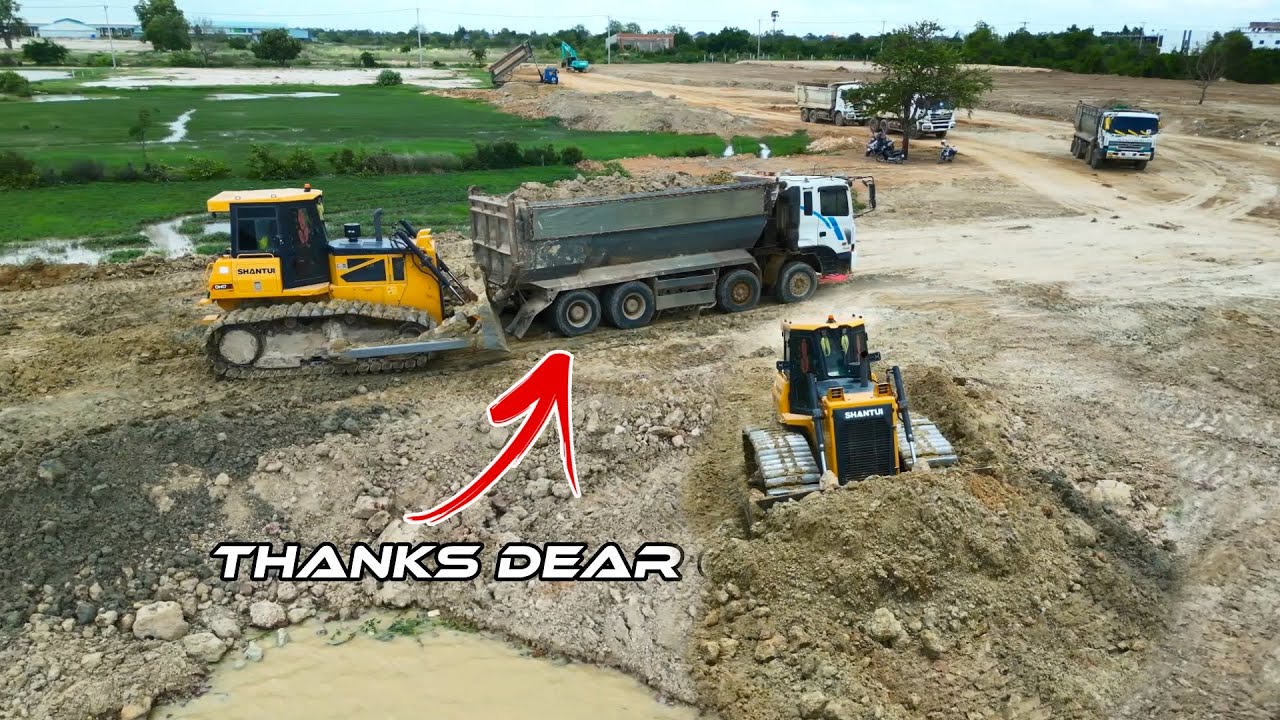 Many Dump Truck Stuck Help By Dozer At Landfill In Deep Pond Project
