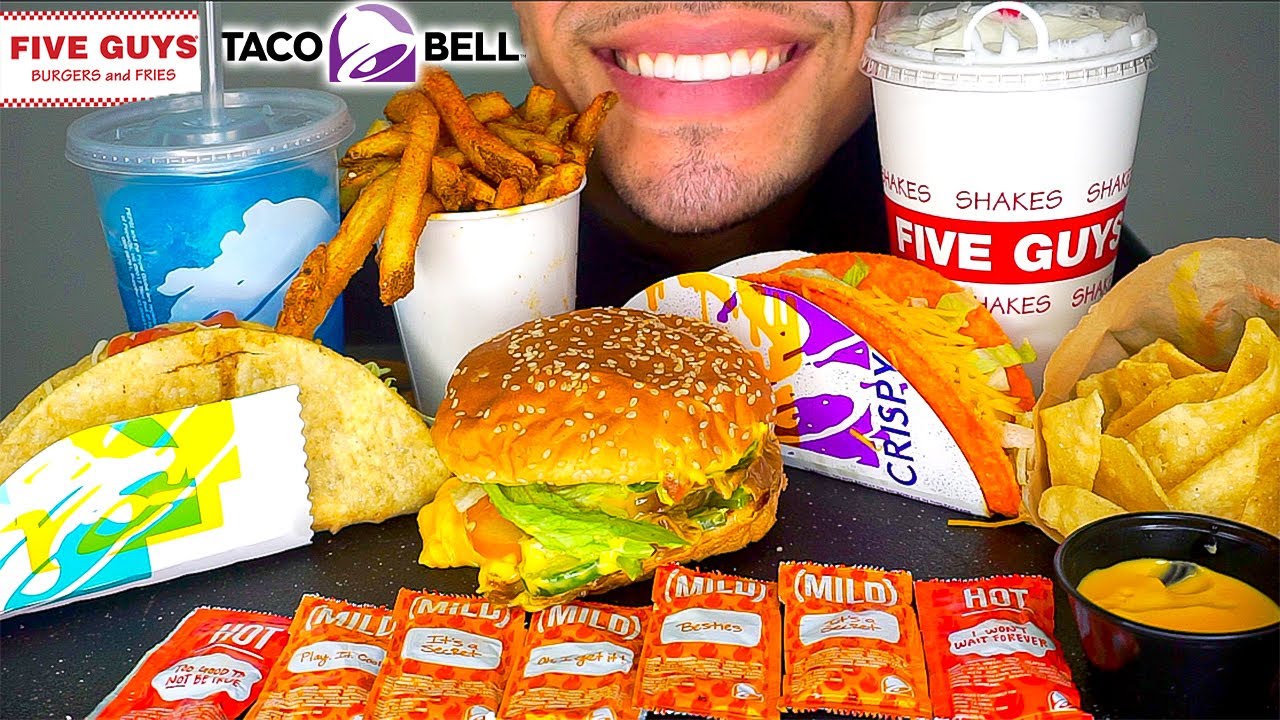 ASMR TACO BELL VS FIVE GUYS MUKBANG CHEESEBURGER TACOS NACHO CHEESEFRIES JERRY EATING SHOW NOTALKING