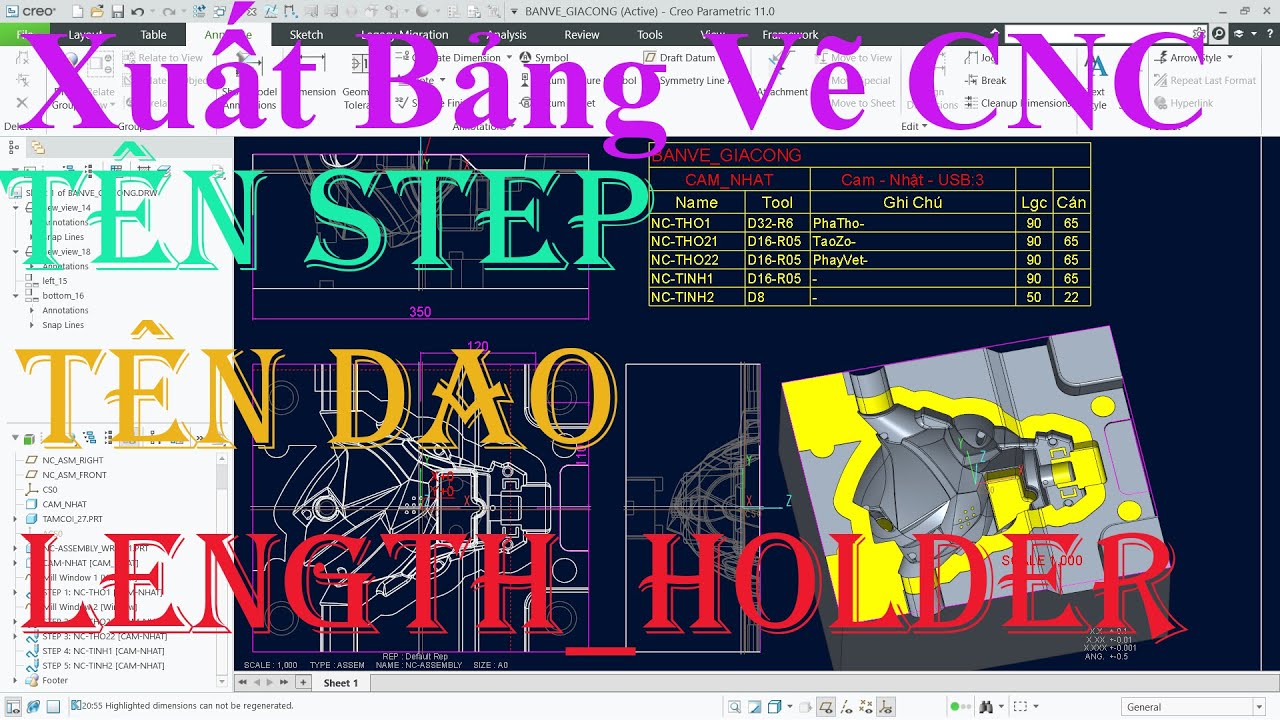 Cách Làm Bảng Vẽ Gia Công Phay CNC + Chương Trình + Dao +  Length + Hoder | Trên PTC Creo 11.0