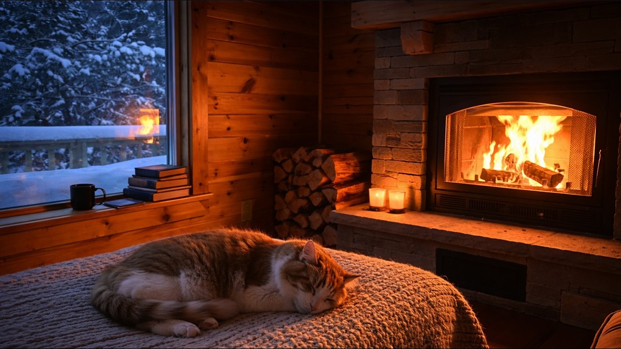 COZY FIREPLACE AMBIENCE FOR CATS 🐱 WARM WINTER NIGHT SOUNDS FOR DEEP SLEEP & RELAXATION