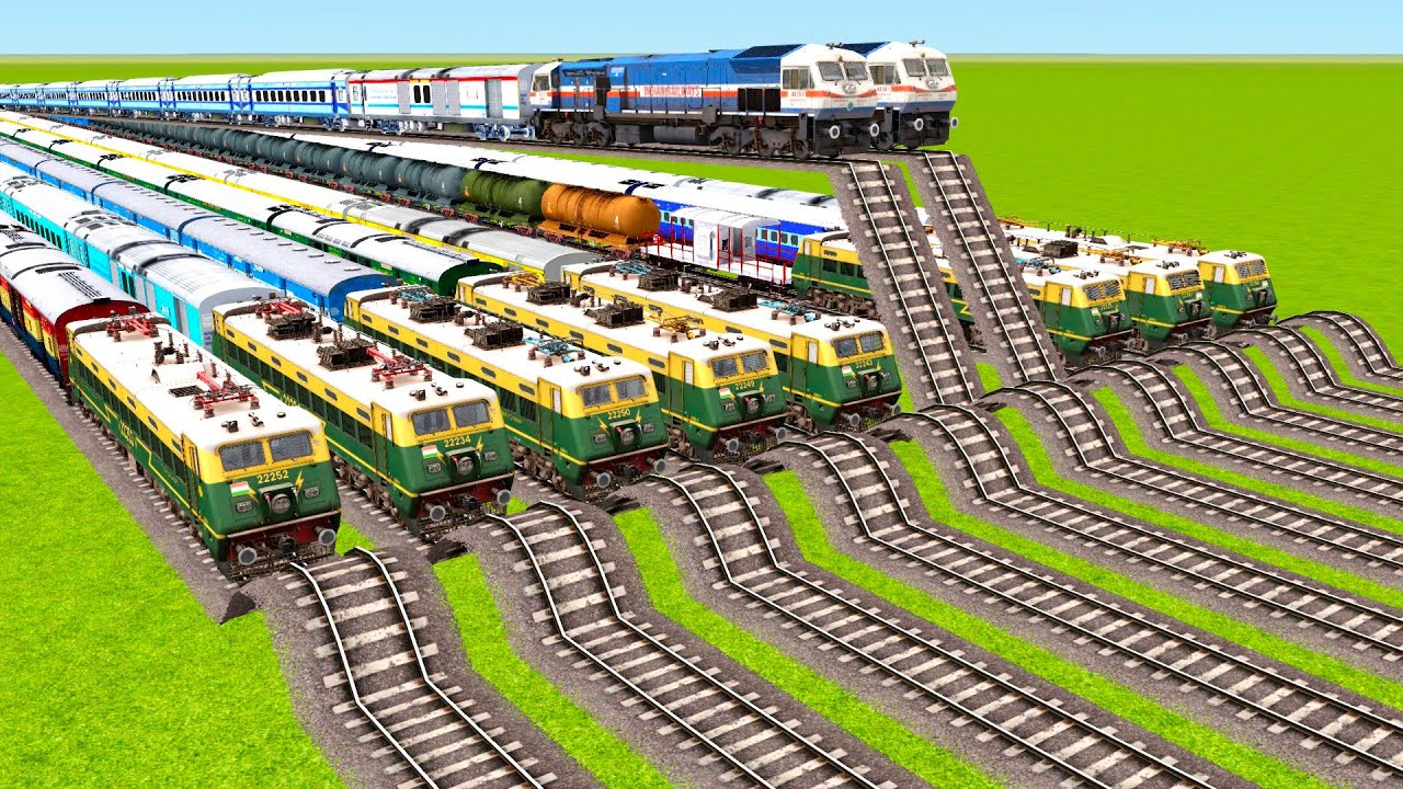 EIGHT SAME WAP 4 LOCOMOTIVE TRAINS & TWO WDP 4D LOCOMOTIVE VS 10 SPEED BUMPS TRACKS|Train simulator|