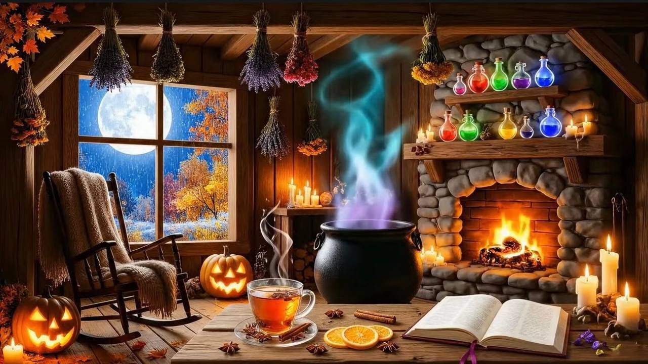 Halloween Cozy Ambience - Fireplace, Rain & Thunder ad-free,  4K