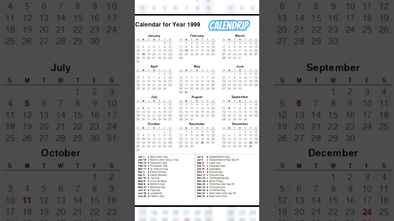 Calendar 1999 #monthsoftheyear
