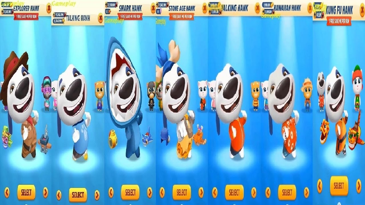 Talking Tom Gold Run Explorer Hank VS Stone Age Hank Hank HAWAIIAN SHARK HANK KUNG FU HANK Raccoon