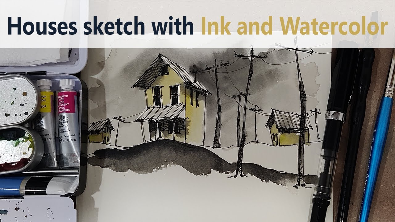 Houses sketch with ink and watercolor #60
