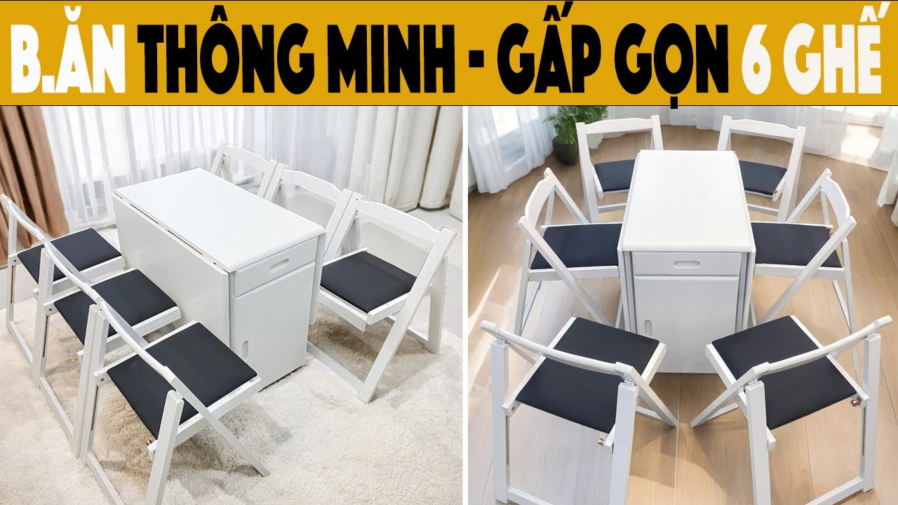 [Reviews] Bộ bàn ăn thông minh gấp gọn 6 ghế màu full trắng
