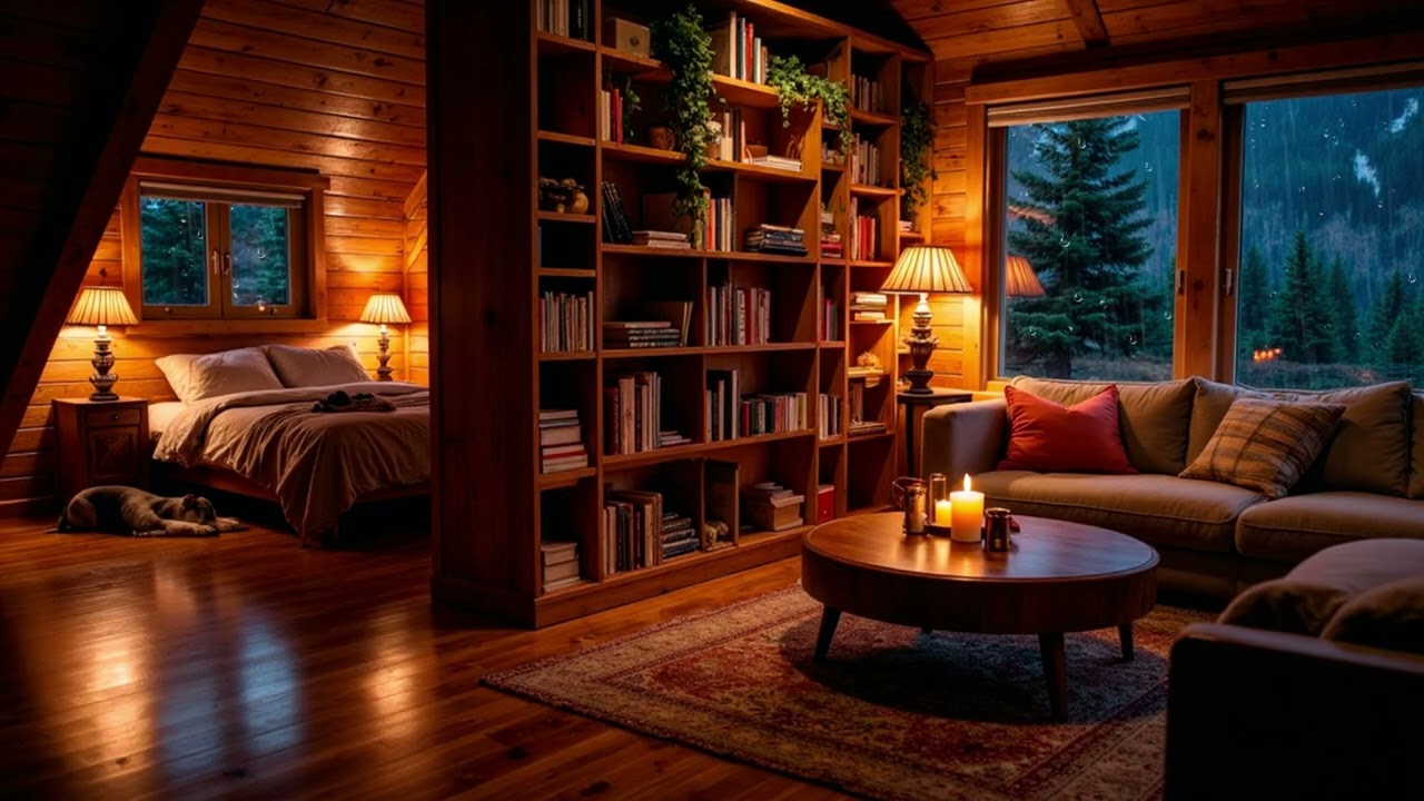 Rainy Forest Loft Library with Candlelight Glow | Cozy Book Nook for Sleep & Study