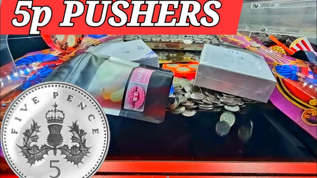 мы играем в 5p PUSHERS UK Arcade. игровые автоматы с когтями, толкатель монет. плюшевый 2p