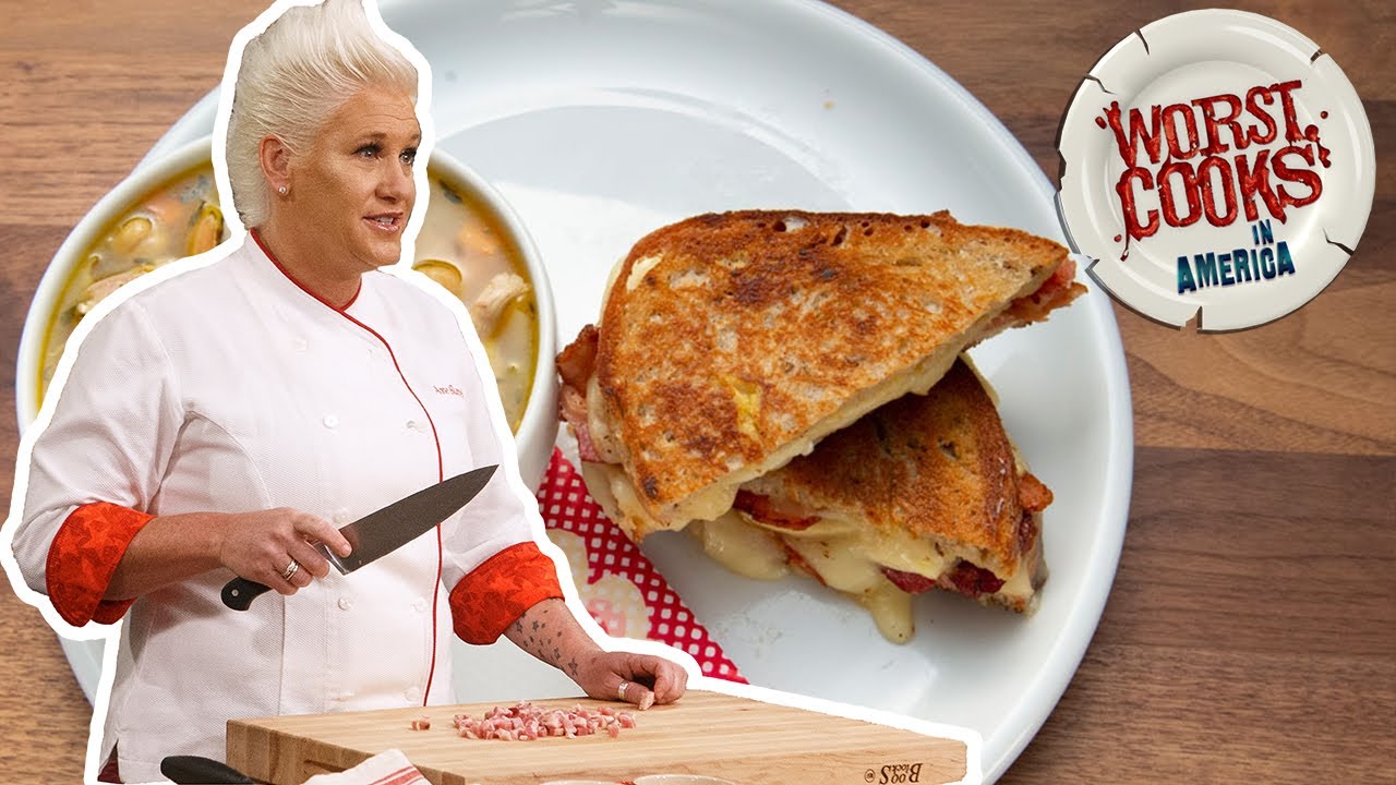 Anne Burrell Makes Taleggio Bacon and Apple Grilled Cheese & Chicken Soup | Worst Cooks in America