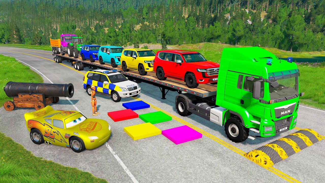 Flatbed Trailer McQueen Transportation with Truck - Speedbumps vs Cars vs Train - BeamNG.Drive #181