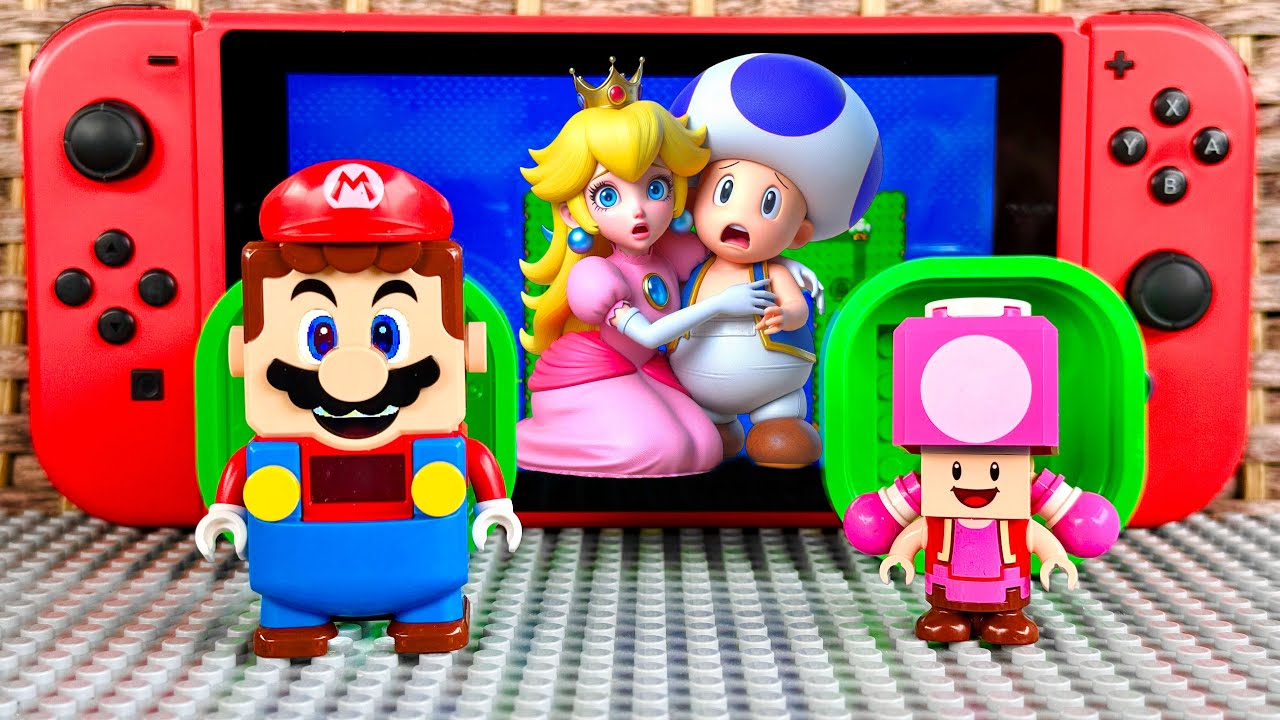 Lego Mario and Toadette enter the Nintendo Switch to save Peach and Blue Toad! 
