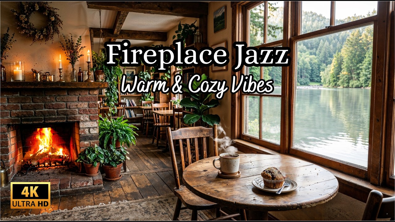 🔥 Fireplace Jazz Café by the Lake ☕ | Warm & Cozy Jazz Music for Relaxing, Studying & Sleeping 🌿