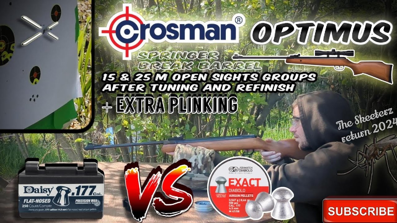 Crosman Optimus .177cal - Daisy Flat-Nosed Vs. Jsb Domed pellets from 15 & 25m [No optic/break in]