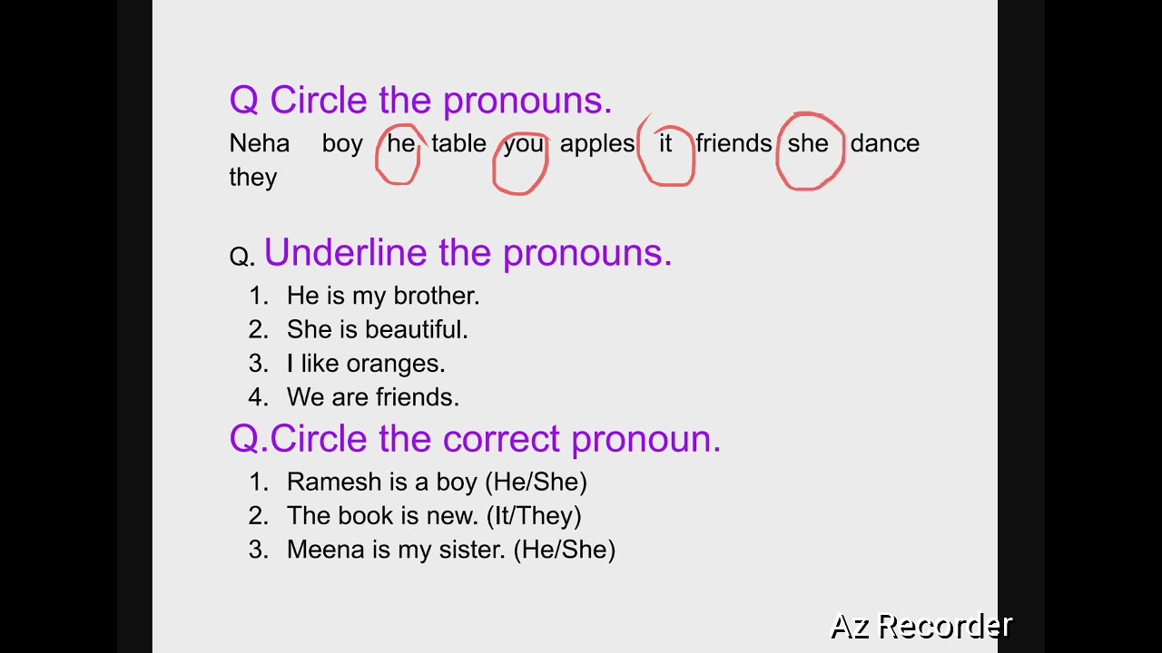Exercises based on pronouns for class 1st 