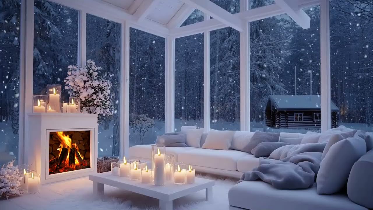 🔥🎹 Warm Winter Piano Lounge Ambience | Snow Outside, Fire Glow & Flowers | Stress Relief Focus
