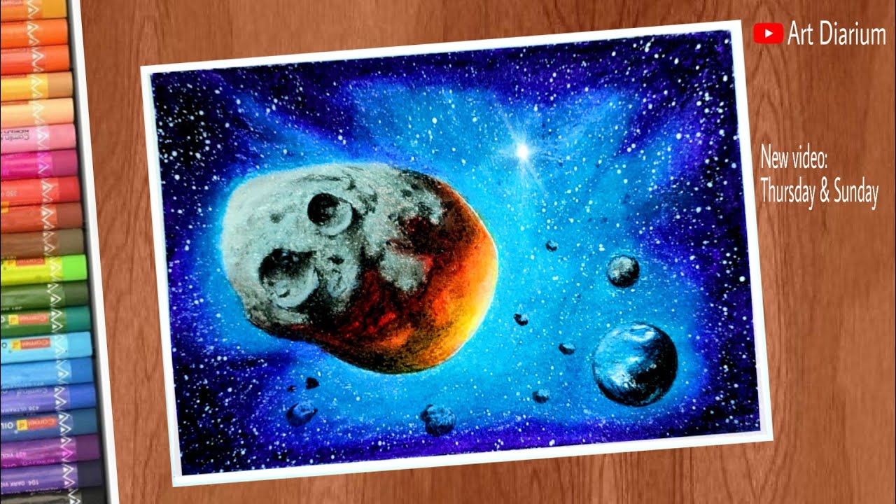 Drawing For Beginners With Oil Pastels - How to draw Asteroid Space Scenery - Step by step