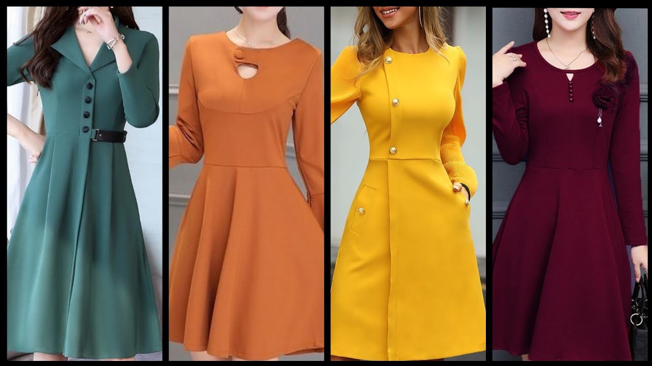 designer skater dresses design collection 2020 plain fabric frocks style for college and office girl
