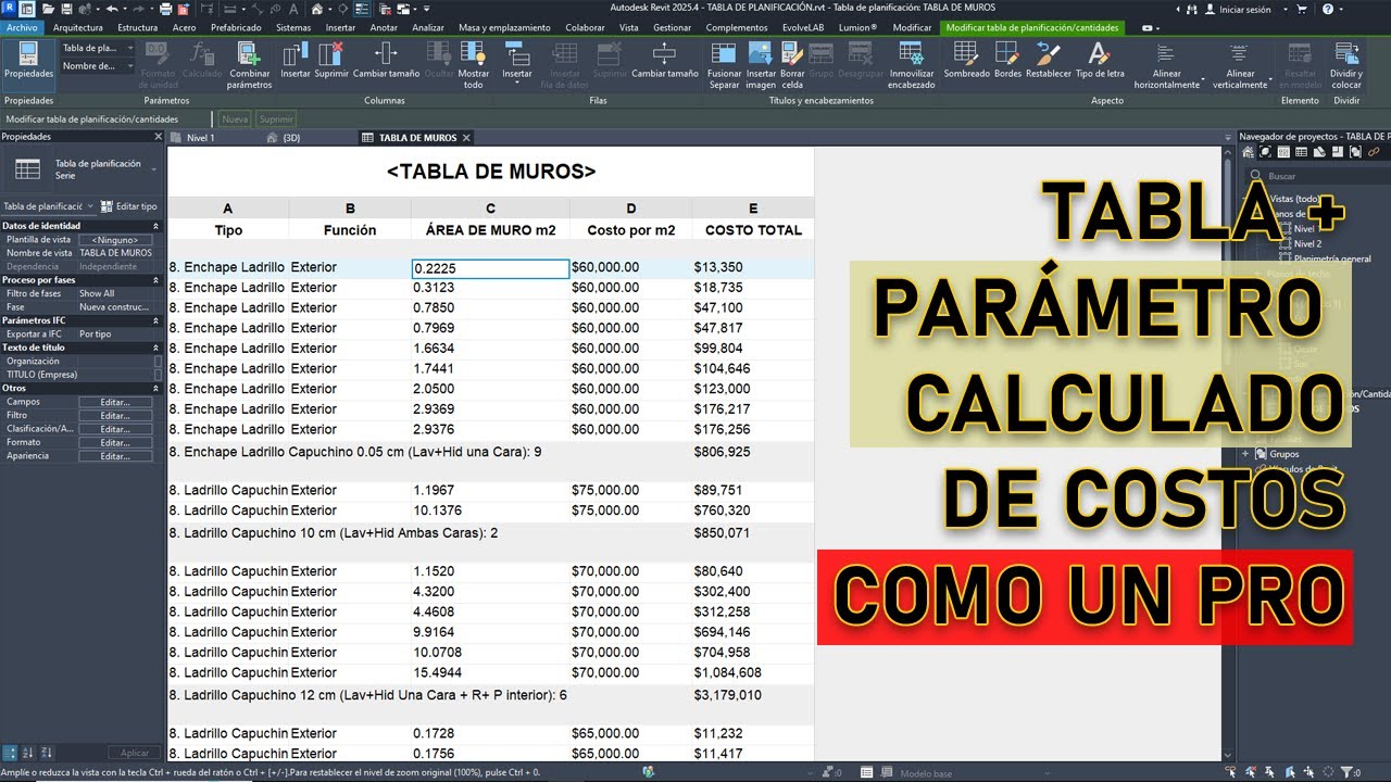 Revit pro: Tabla de planificación y parámetros calculados para costos.