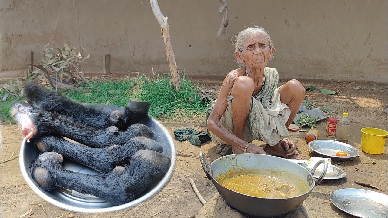 100 year old poor widow Grandma Cooking GOAT LEG CURRY and eating with rice ||rural life india