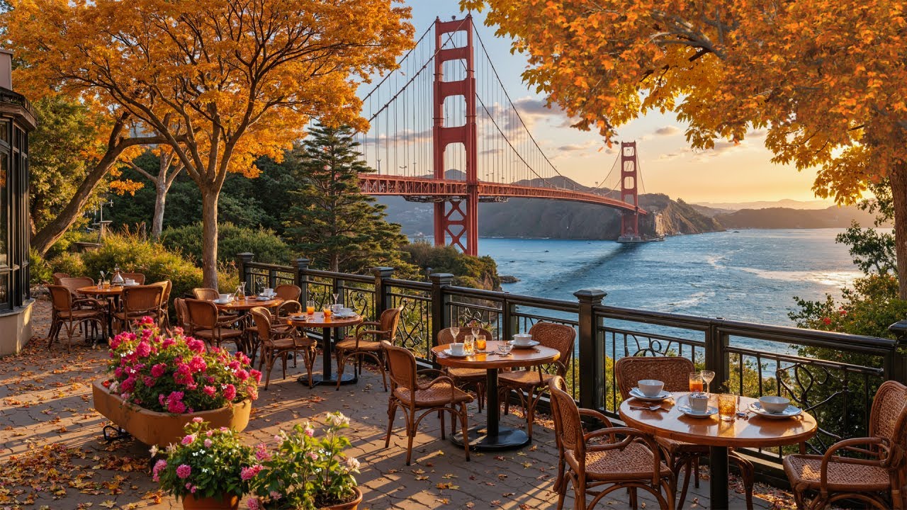 San Francisco Morning Jazz Caf&eacute; ☕ Golden Gate Bridge Views 🌅 Relaxing Autumn Coffee Moments