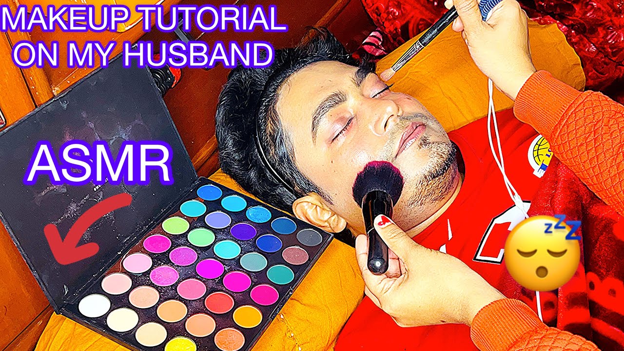 ASMR MAKE ON MY HUSBAND FACE SOFT TOUCHING SLEEPING 😴 #asmr #relax #asmrtingles #makeuptutorial 