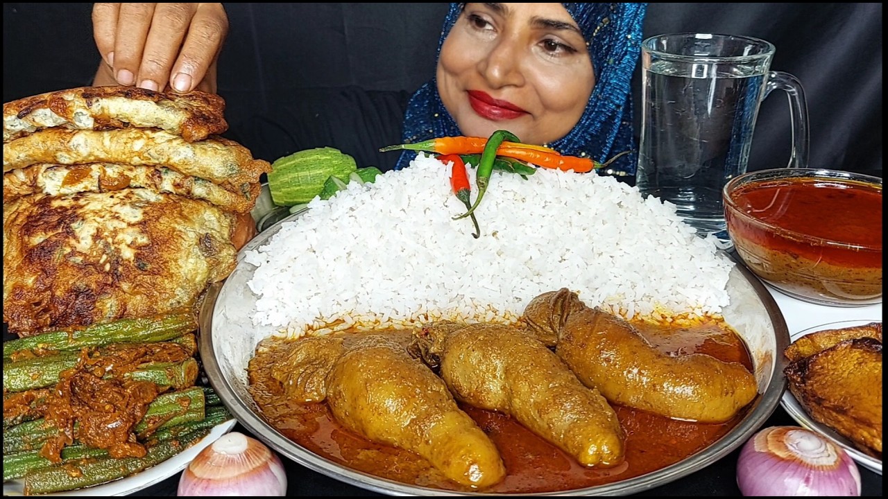 EATING MUTTON CHUSTA CURRY, EGG OMELETTE, OKRA MASALA, FRIED PUMPKIN WITH RICE, EATING  ASMR.