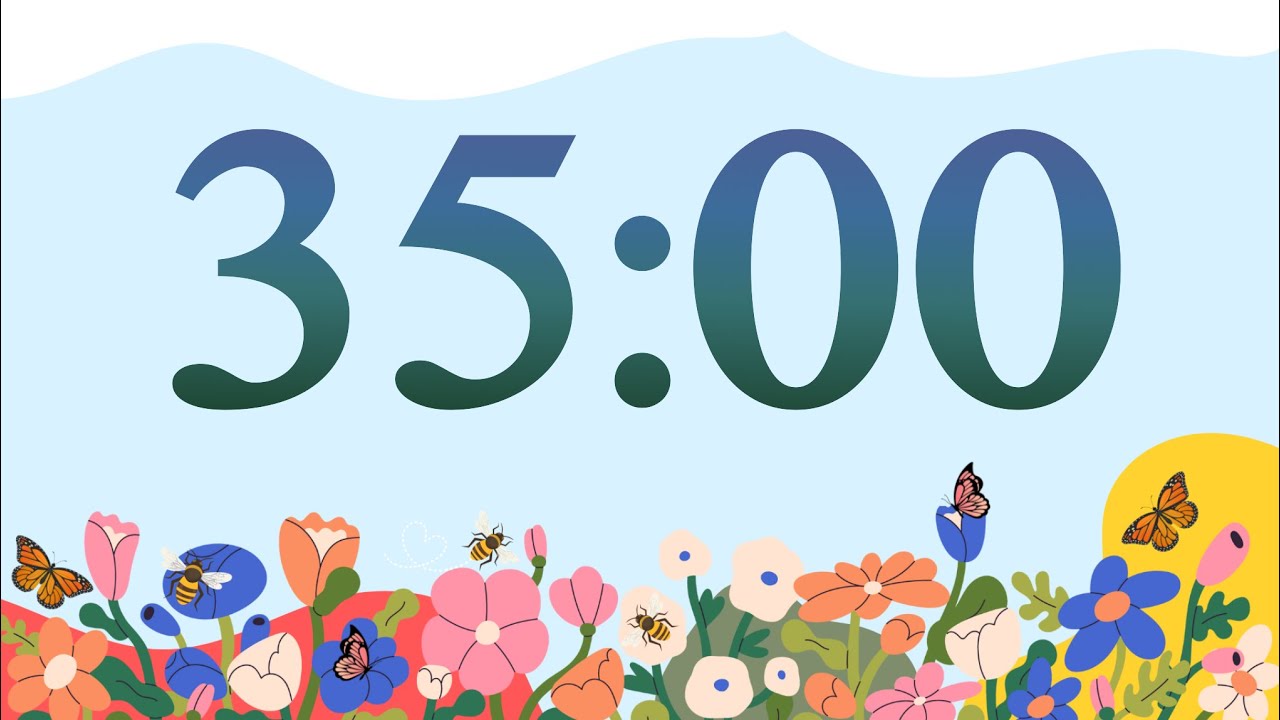 35 Minute Cute Spring Bees and Flowers Classroom Timer (No Music, Piano Alarm at End)