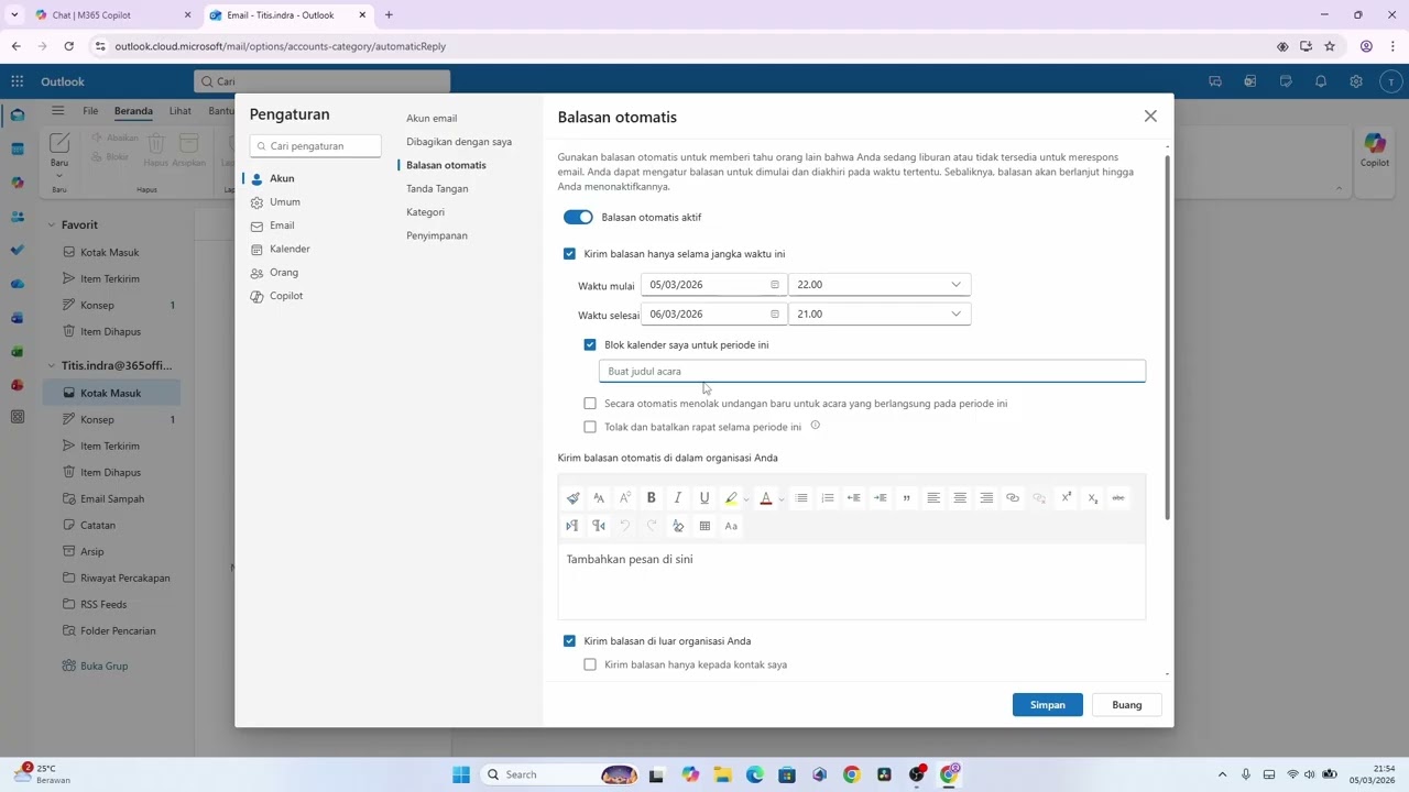 Cara Setting Automatic Reply di Outlook Web (Out of Office Tutorial)